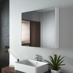 EMKE Armoire de toilette murale - Miroir double face, blanc mat - 75 x 65 cm - Fermeture douce - Tablettes en verre réglables