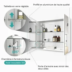 EMKE Armoire de toilette murale - Miroir double face, blanc mat - 75 x 65 cm - Fermeture douce - Tablettes en verre réglables
