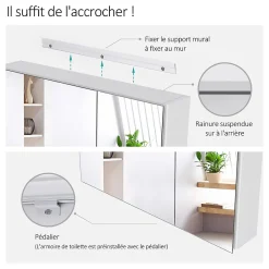 EMKE Armoire de toilette murale - Miroir double face, blanc mat - 75 x 65 cm - Fermeture douce - Tablettes en verre réglables