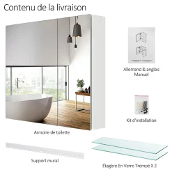 EMKE Armoire de toilette murale - Miroir double face, blanc mat - 75 x 65 cm - Fermeture douce - Tablettes en verre réglables