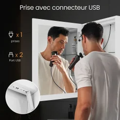 EMKE Armoire de Toilette 1 Porte - Charnières Gauche, LED Ajustable 3000K-6500K, Anti-Buée, Soft Close, Prises USB
