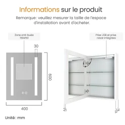 EMKE Armoire de Toilette 1 Porte - Charnières Gauche, LED Ajustable 3000K-6500K, Anti-Buée, Soft Close, Prises USB