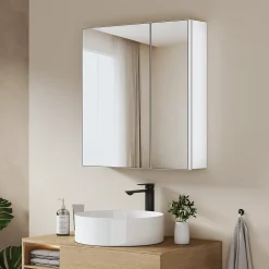 EMKE Armoire de toilette 2 portes 65x50 cm blanche, miroir avec rangement intégré, tablettes en verre réglables