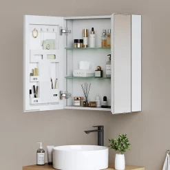 EMKE Armoire de toilette 2 portes 65x50 cm blanche, miroir avec rangement intégré, tablettes en verre réglables