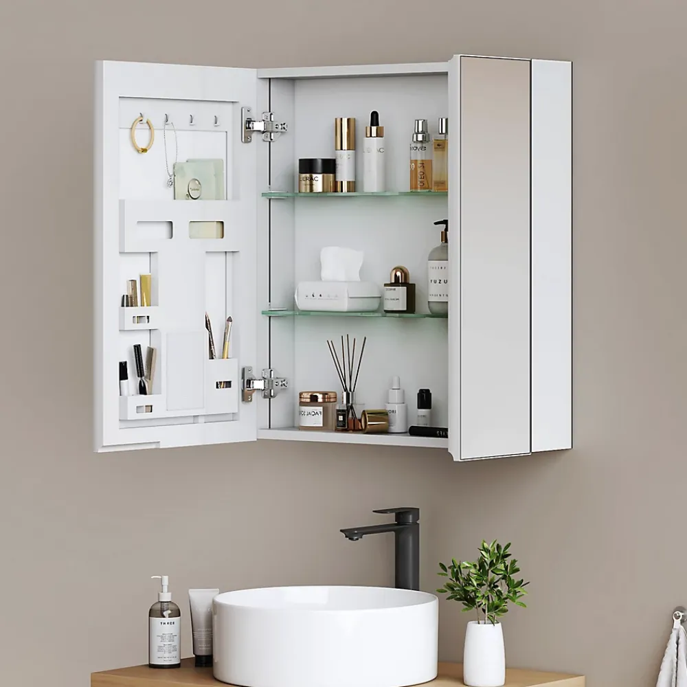 EMKE Armoire de toilette 2 portes 65x50 cm blanche, miroir avec rangement intégré, tablettes en verre réglables