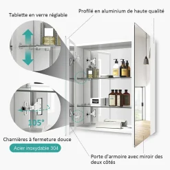 EMKE Armoire de toilette murale - Miroir double face, blanc mat - 60 x 65 cm - Fermeture douce - Tablettes en verre réglables