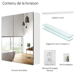EMKE Armoire de toilette murale - Miroir double face, blanc mat - 60 x 65 cm - Fermeture douce - Tablettes en verre réglables