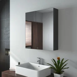 Armoire De Toilette|EMKE Armoire de toilette murale - Miroir double face, noir mat - 60 x 65 cm - Fermeture douce - Tablettes en verre réglables