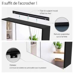 Armoire De Toilette|EMKE Armoire de toilette murale - Miroir double face, noir mat - 60 x 65 cm - Fermeture douce - Tablettes en verre réglables