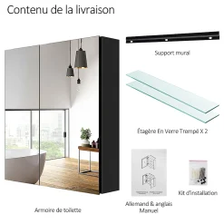 Armoire De Toilette|EMKE Armoire de toilette murale - Miroir double face, noir mat - 60 x 65 cm - Fermeture douce - Tablettes en verre réglables