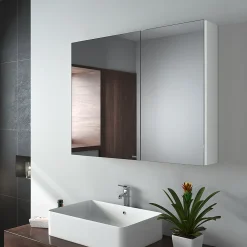 EMKE Armoire de toilette murale avec miroir double face - 85x65 cm - Blanc mat - Fermeture douce - Tablettes en verre ajustables