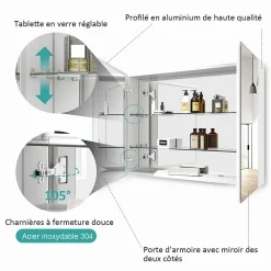 EMKE Armoire de toilette murale avec miroir double face - 85x65 cm - Blanc mat - Fermeture douce - Tablettes en verre ajustables