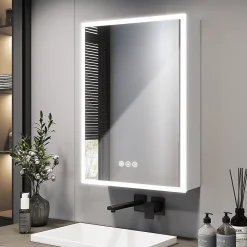 Armoire De Toilette|EMKE Armoire de Toilette LED 50x70cm, Miroir Salle de Bains avec Éclairage 3 Couleurs, Anti-Buée, Prise Intégrée