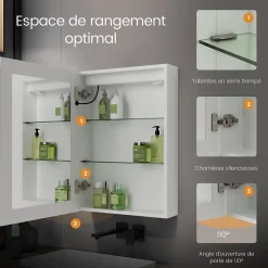 Armoire De Toilette|EMKE Armoire de Toilette LED 50x70cm, Miroir Salle de Bains avec Éclairage 3 Couleurs, Anti-Buée, Prise Intégrée
