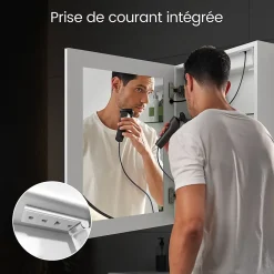 Armoire De Toilette|EMKE Armoire de Toilette LED 50x70cm, Miroir Salle de Bains avec Éclairage 3 Couleurs, Anti-Buée, Prise Intégrée