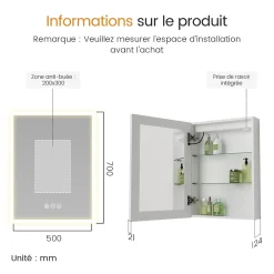Armoire De Toilette|EMKE Armoire de Toilette LED 50x70cm, Miroir Salle de Bains avec Éclairage 3 Couleurs, Anti-Buée, Prise Intégrée