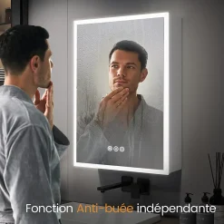 Armoire De Toilette|EMKE Armoire de Toilette LED 50x70cm, Miroir Salle de Bains avec Éclairage 3 Couleurs, Anti-Buée, Prise Intégrée