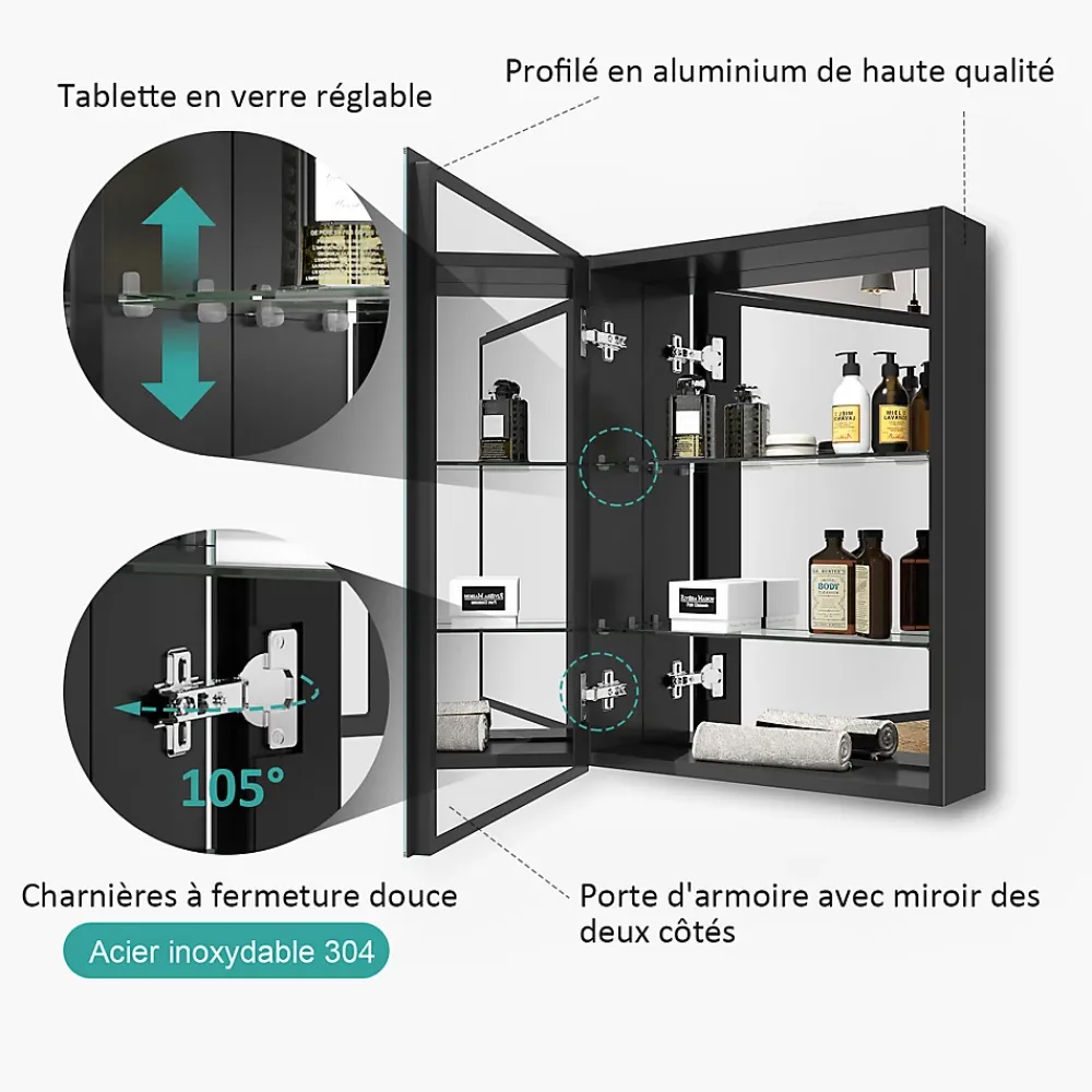 EMKE Armoires de toilette 50x65cm Noir Armoire Salle de Bain en Miroir Double Face