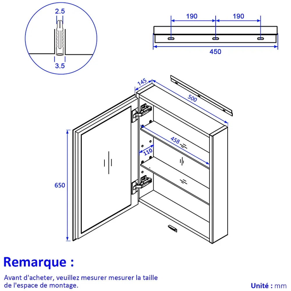 EMKE Armoires de toilette 50x65cm Noir Armoire Salle de Bain en Miroir Double Face