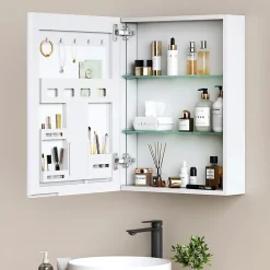 Armoire De Toilette|EMKE Armoires de toilette 1 Porte 65x50cm , Porte Miroir avec Rangement intégré, Tablettes en verre réglables, Blanc