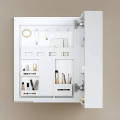 Armoire De Toilette|EMKE Armoires de toilette 1 Porte 65x50cm , Porte Miroir avec Rangement intégré, Tablettes en verre réglables, Blanc