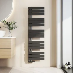 Sèche-Serviettes Eau Chaude|EMKE Chauffe-Serviettes à Eau Chaude Design Plat, Radiateur Salle de Bain Noir 1320x400mm 570W