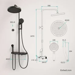 Colonne De Douche Thermostatique|EMKE Colonne de douche avec thermostat Télécommande Douche pluie étagère en verre avec des enfants porte douchette noir