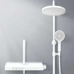 EMKE Colonne de Douche avec douche theramostat à Grande douche de tête et douchette multimode, Cercle, blanc
