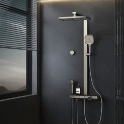 EMKE Colonne de douche avec thermostat Télécommande Douche pluie étagère en verre avec des enfants porte douchette anthracite