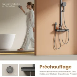 EMKE Colonne de douche avec thermostat Télécommande Douche pluie étagère en verre avec des enfants porte douchette anthracite