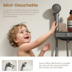 EMKE Colonne de douche avec thermostat Télécommande Douche pluie étagère en verre avec des enfants porte douchette anthracite