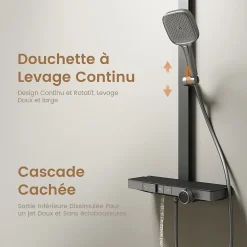 EMKE Colonne de douche avec thermostat Télécommande Douche pluie étagère en verre avec des enfants porte douchette anthracite