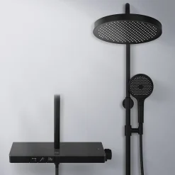 EMKE Colonne de Douche avec douche theramostat à Grande douche de tête et douchette multimode, Cercle, noir