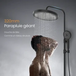 EMKE Colonne de Douche avec douche theramostat à Grande douche de tête et douchette multimode, Cercle, noir
