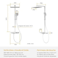 EMKE Colonne de douche thermostatique, pluie 36x24 cm, douchette 4 jets, débit réglable, barre et flexible inclus, blanc