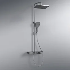 EMKE Colonne de douche Thermostat avec étagères en verre, 3 types de jets, douche à effet pluie, Anthracite