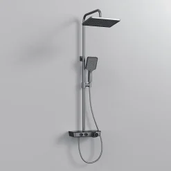 EMKE Colonne de douche thermostat, douchette à 3 puissances de jet, jet cascade, set de douche avec étagère en verre, anthracite