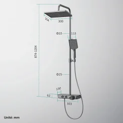 EMKE Colonne de douche thermostat, douchette à 3 puissances de jet, jet cascade, set de douche avec étagère en verre, anthracite