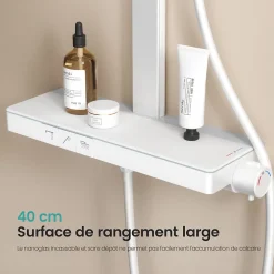 EMKE Colonne de douche thermostatique, plaque pluie 40 cm, douchette 4 jets, barre et robinetterie, blanc mat