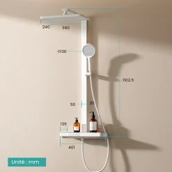 EMKE Colonne de douche thermostatique, plaque pluie 40 cm, douchette 4 jets, barre et robinetterie, blanc mat