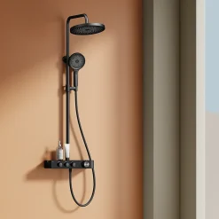 EMKE Colonne de douche Thermostat Noir - Effet pluie 26 cm, Douchette 3 jets, Régulation innovante du débit, Système de douche
