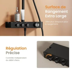 EMKE Colonne de douche Thermostat Noir - Effet pluie 26 cm, Douchette 3 jets, Régulation innovante du débit, Système de douche