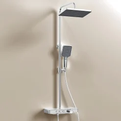 EMKE Colonne de douche Thermostat, 36 x 14 cm étagères en verre, 3 types de jets, douche à effet pluie, Certification KTW, Blanc