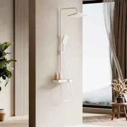 EMKE Colonne de douche Thermostat, 36 x 14 cm étagères en verre, 3 types de jets, douche à effet pluie, Certification KTW, Blanc