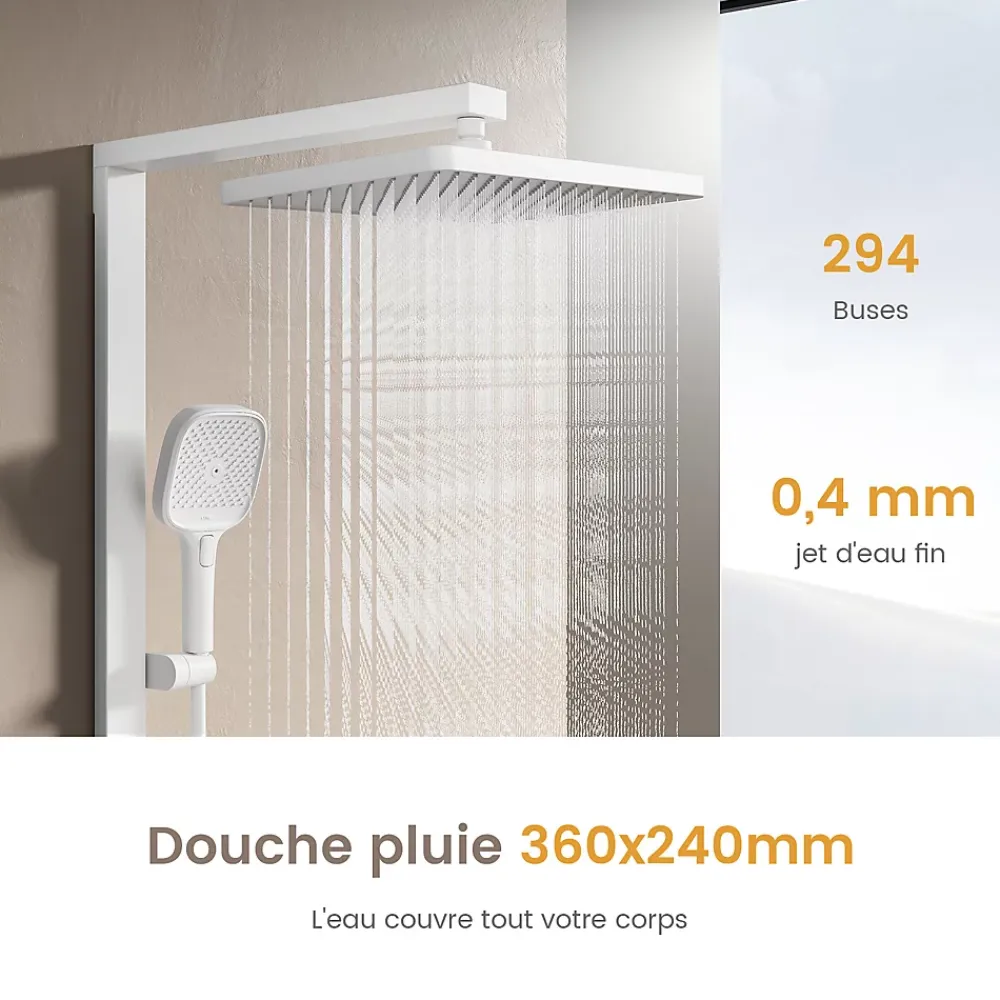 EMKE Colonne de Douche Thermostat, Pommeau Pluie 36x24 cm, Douchette 3 Jets, Blanc