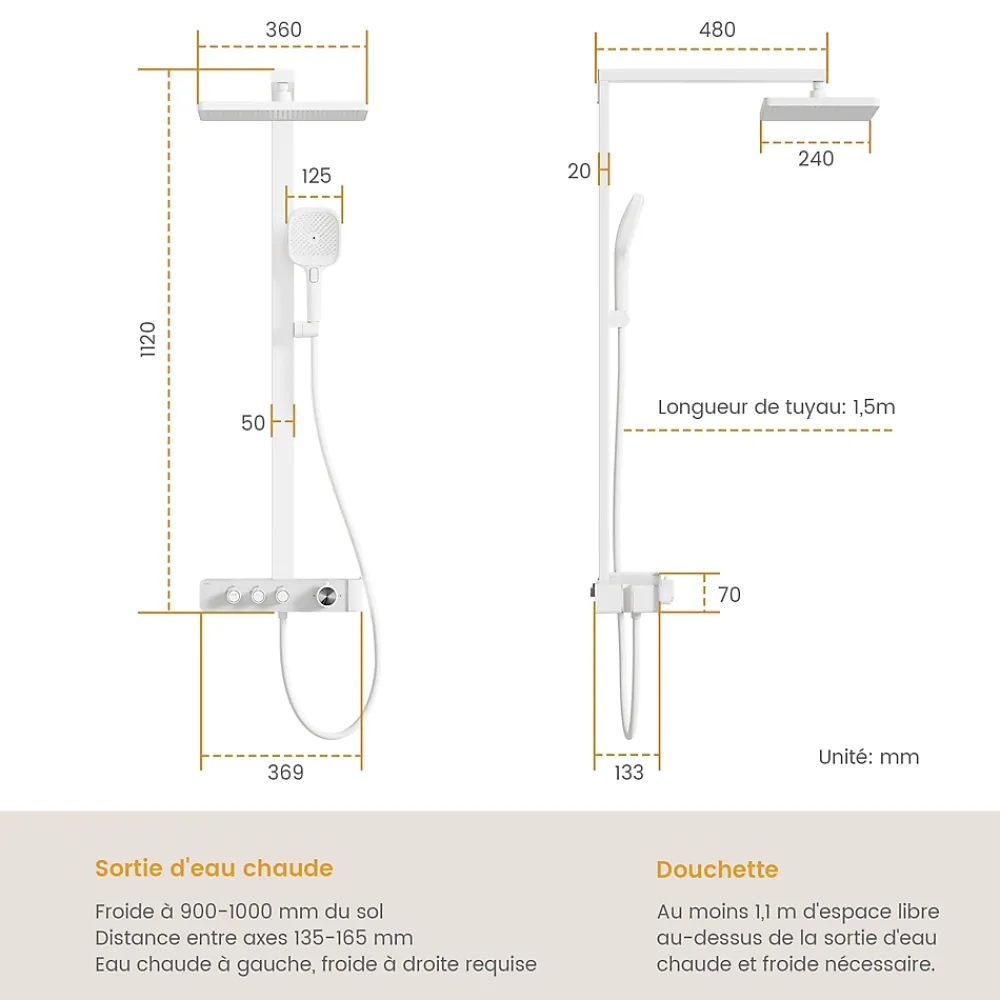 EMKE Colonne de Douche Thermostat, Pommeau Pluie 36x24 cm, Douchette 3 Jets, Blanc