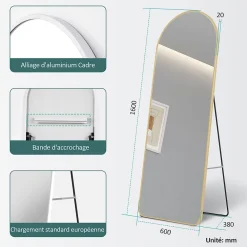 EMKE Grand miroir intégral avec cadre en aluminium doré, 160 x 60 cm, sur pied ou mural