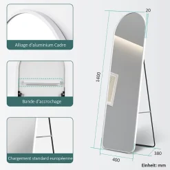 EMKE Grand miroir intégral avec cadre en aluminium blanc, 140 x 40 cm, sur pied ou mural
