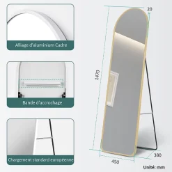Miroir Simple|EMKE Grand miroir intégral avec cadre en aluminium doré, 147 x 45 cm, sur pied ou mural