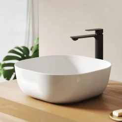 EMKE Lavabo en Céramique Blanche 415x415x145 mm, Vasque à Poser Carrée sans Trou de Robinet
